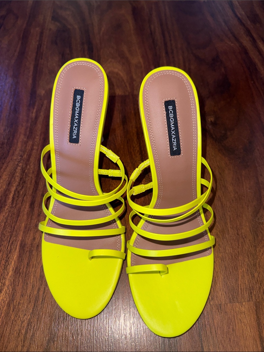 BCBGMaxAzria Neon Yellow Multi-Strap Slide Heels